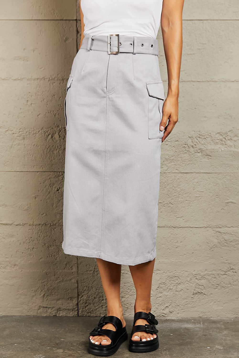 Grey Buckled Midi Skirt