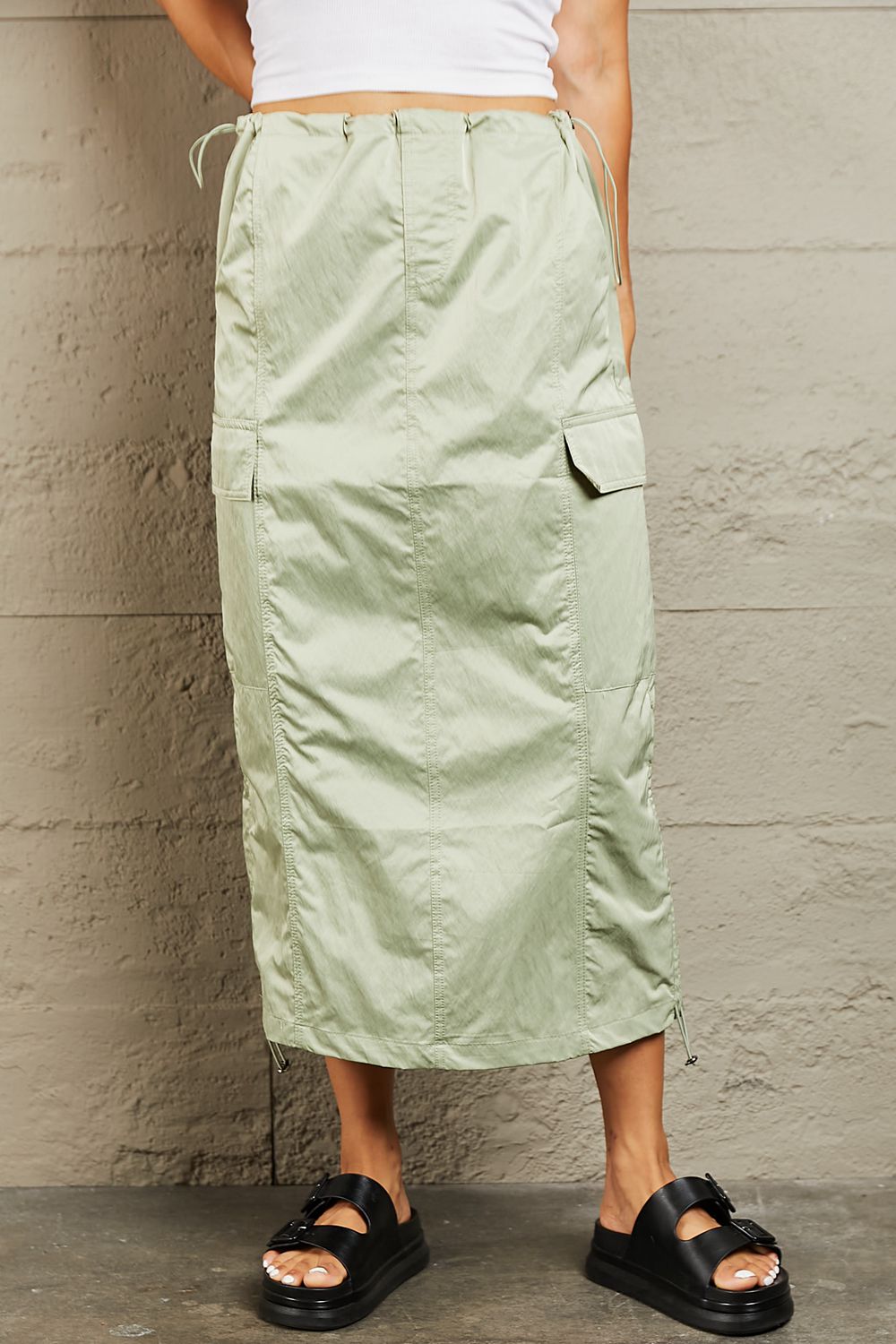 Green High Waisted Cargo Midi Skirt