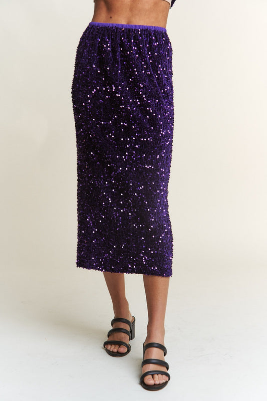 L Sequin Back Slit Midi Skirt