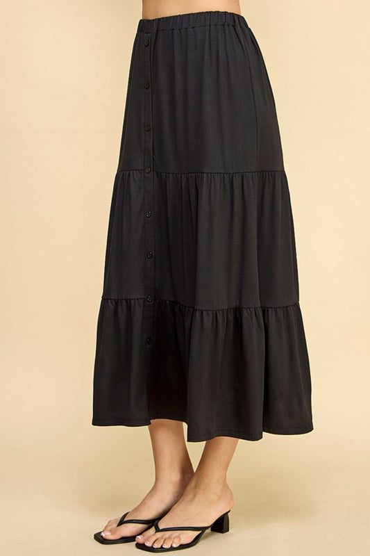 L Black Tiered Midi Skirt