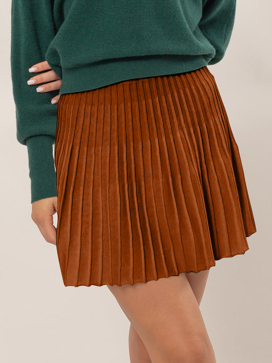 L Chocolate High Waist Pleated Flare Short Skirt