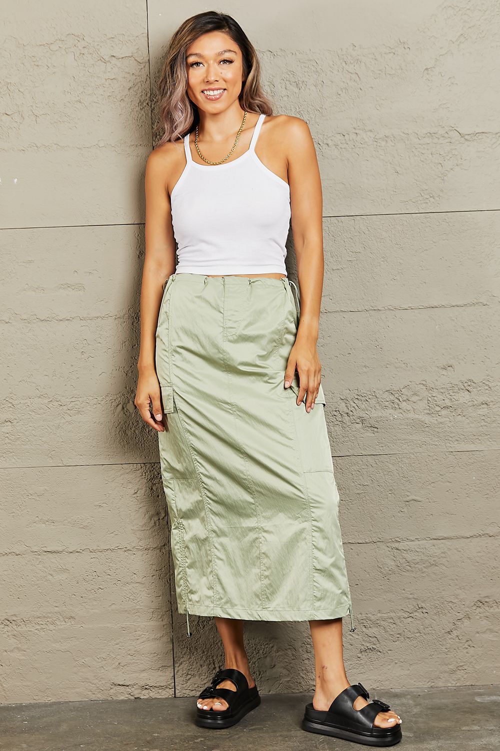 Green High Waisted Cargo Midi Skirt