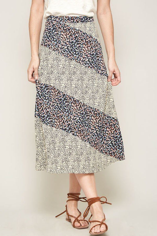 L Gray Floral-print Woven Midi Skirt