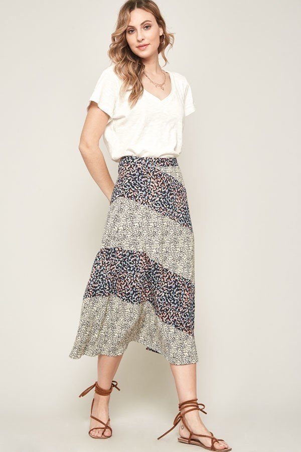 Gray Floral-print Woven Midi Skirt