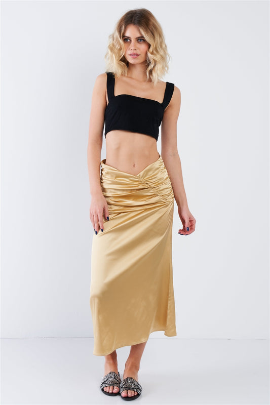 Gold Satin Ruffle Waist Midi Skirt