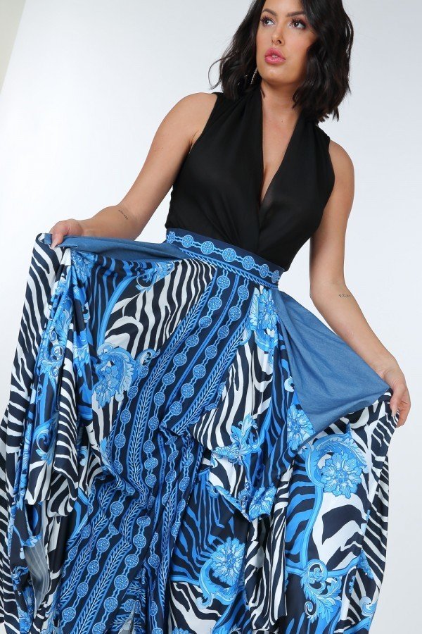 Animal Chain Print Denim Tacked Long Skirt