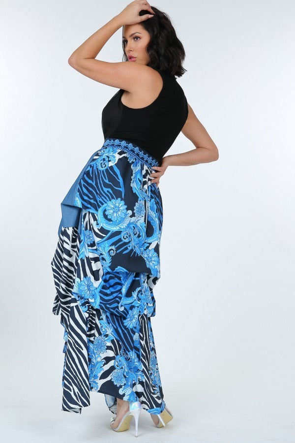 Animal Chain Print Denim Tacked Long Skirt