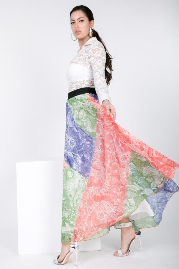 Multicolor Pleated Long Skirt