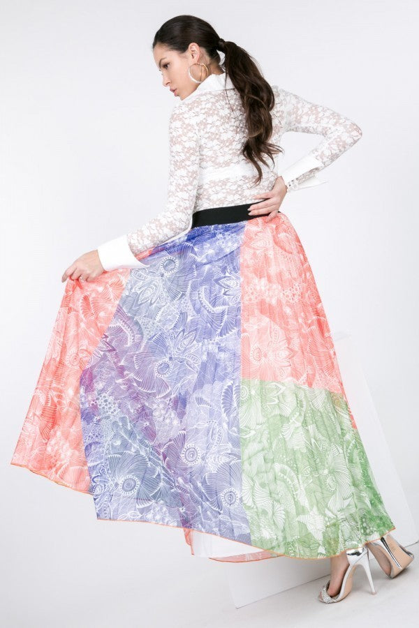 Multicolor Pleated Long Skirt