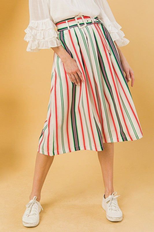 L Multicolor Woven Belted Midi Skirt