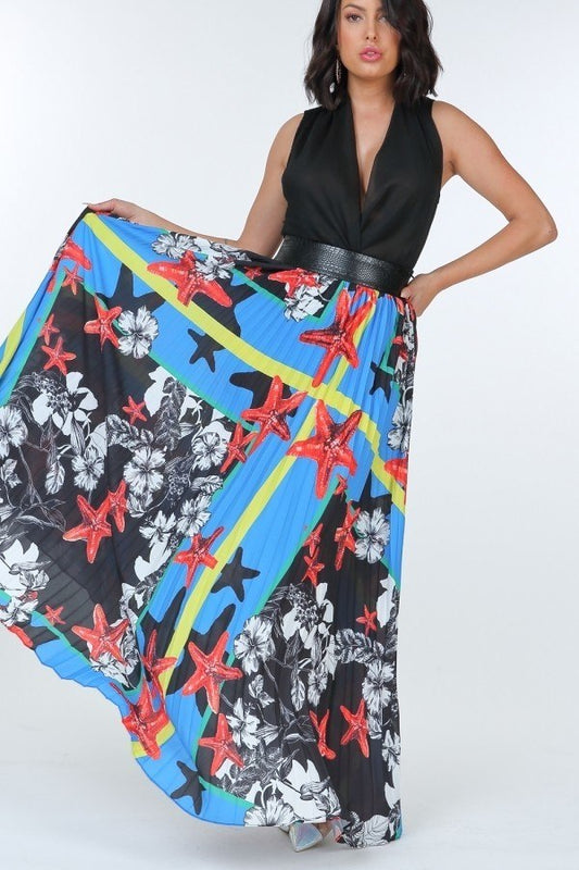 L Pleated Ocean Print Long Skirt With Leather Waist Band