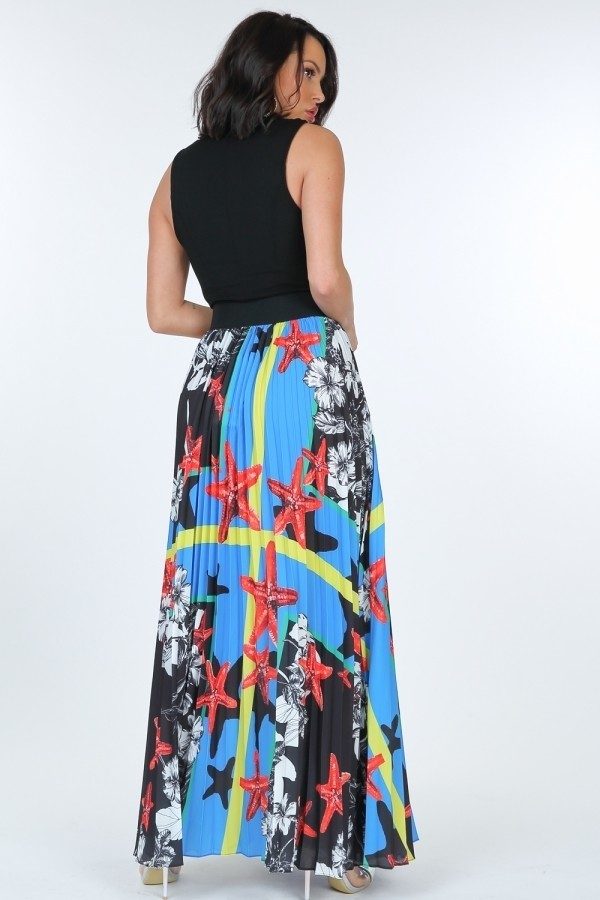 Pleated Ocean Print Long Skirt With Leather Waist Band