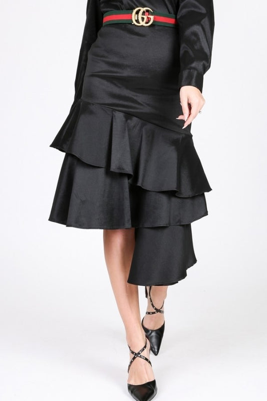 L Black Satin - Asymmetrical Ruffle Bottom Midi Skirt