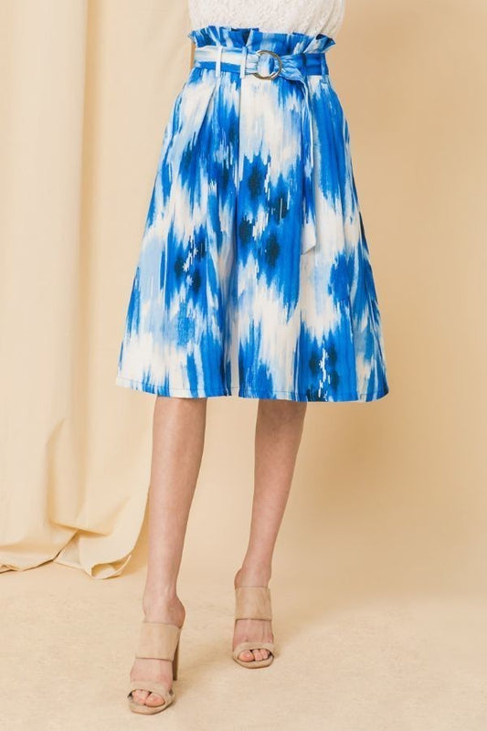 L Blue Self-buckle Belted Midi Skirt