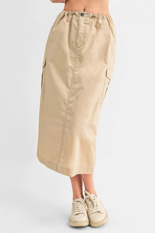 L Cream Drawstring Cargo Midi Skirt