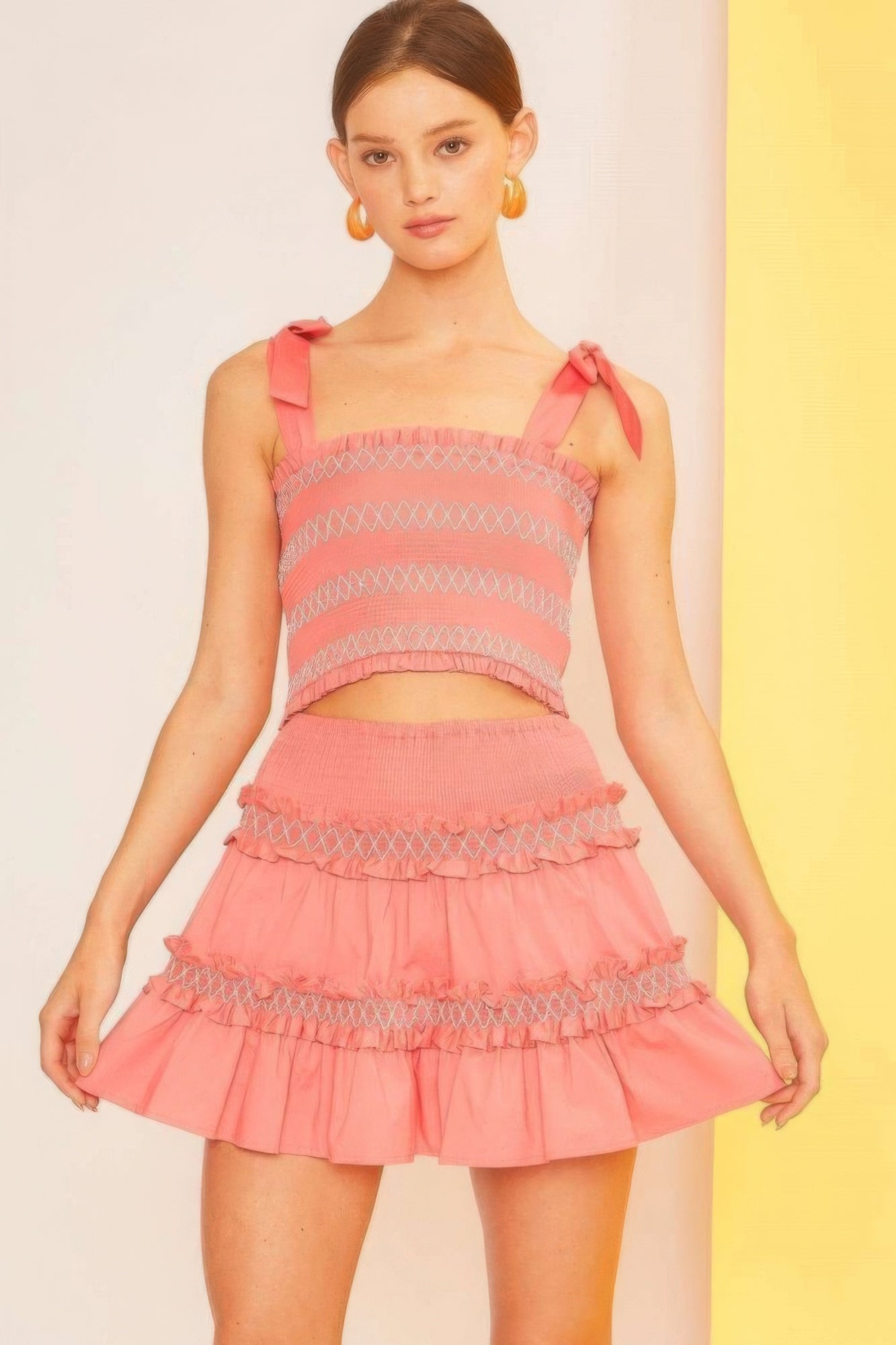 Pink Smocked Ruffled Short skirt