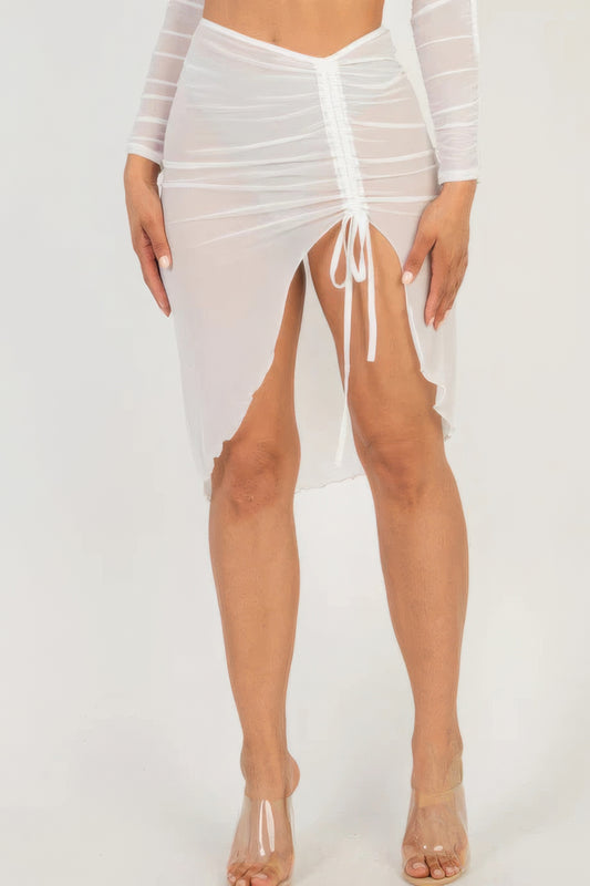 L White Sheer Mesh Rucked Short Skirt