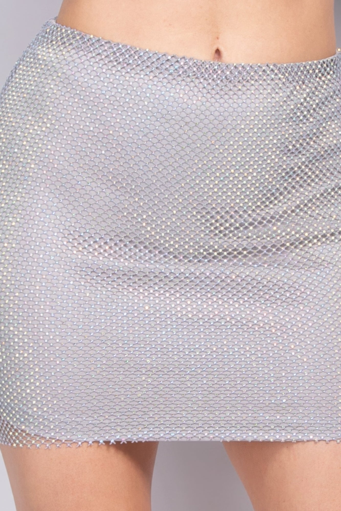 Grey Mid-rise Rhinestone Fishnet Short Skirt