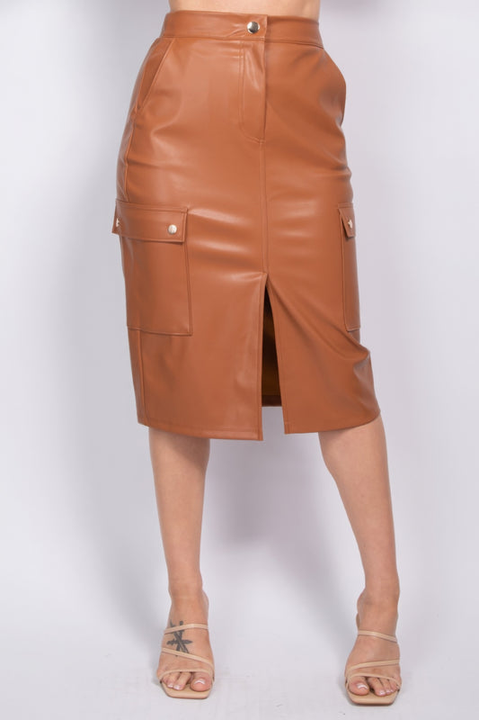 L Brown Faux Leather High Rise Cargo Skirt