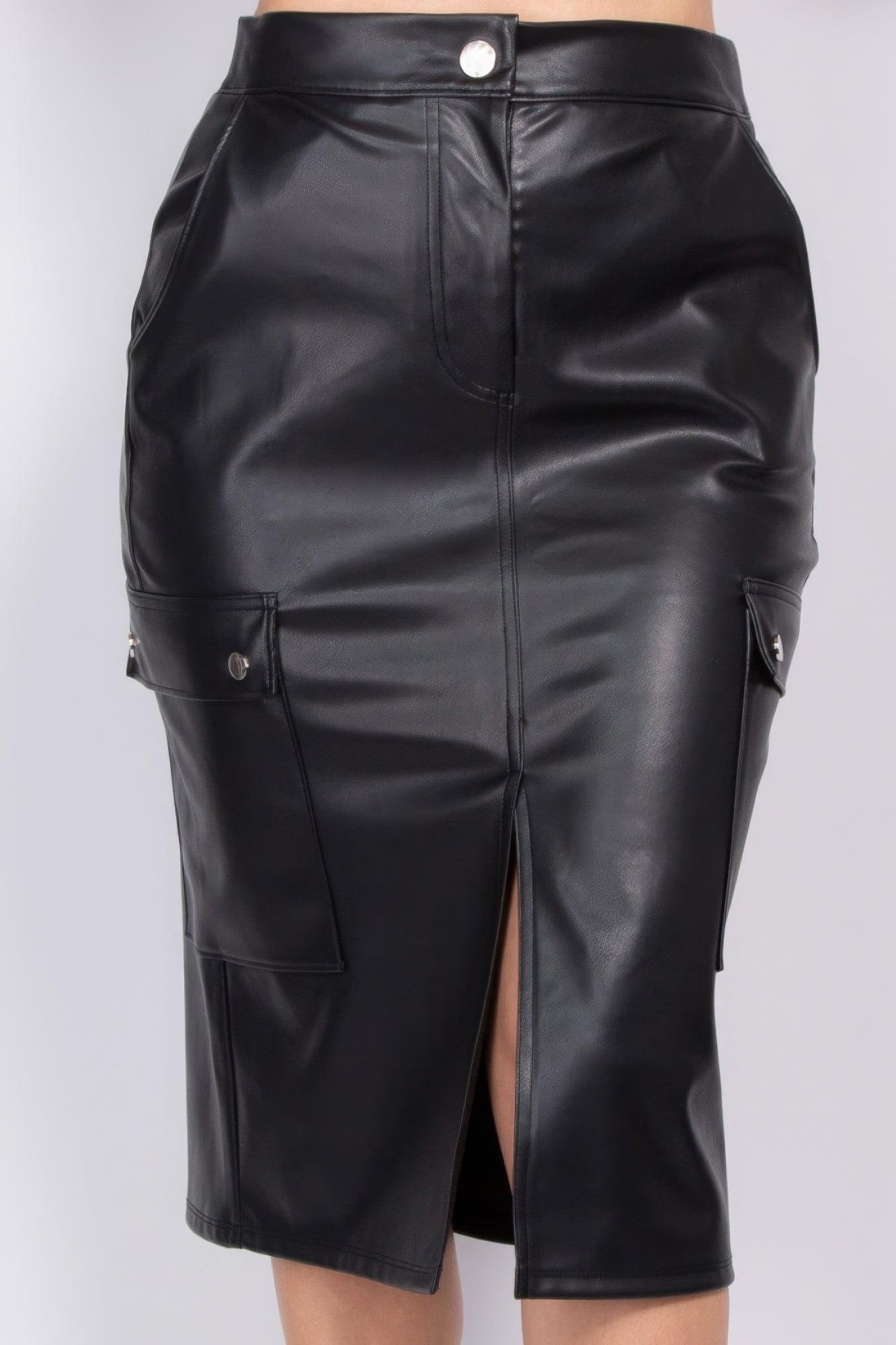 Black Faux Leather high Rise Cargo Midi Skirt