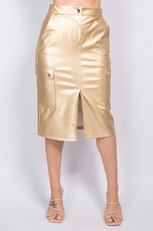 L Gold Faux Leather High Rise Midi Cargo Skirt