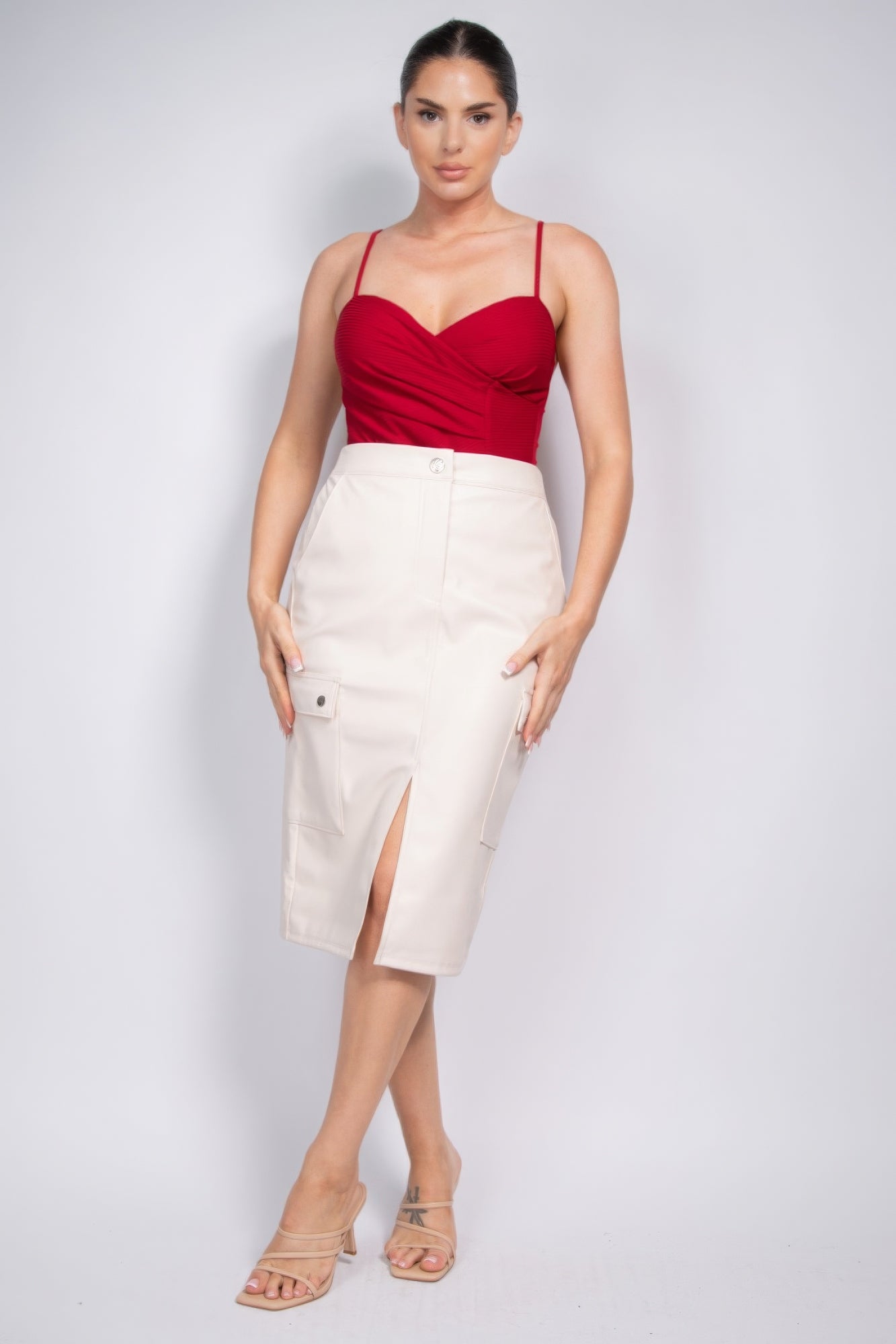 White Faux Leather High Rise Midi Cargo Skirt