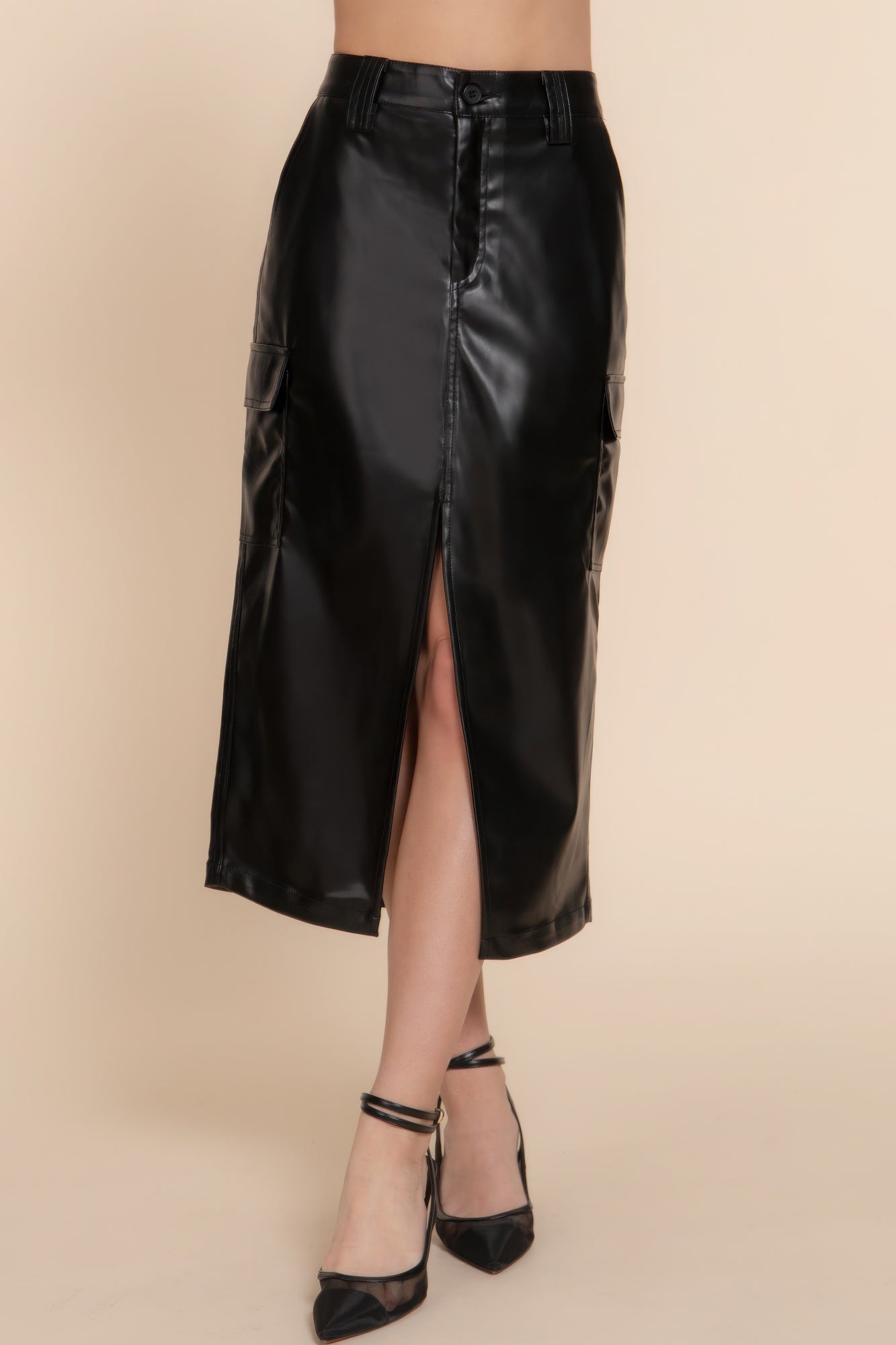 L Black Faux Leather Midi Cargo Skirt