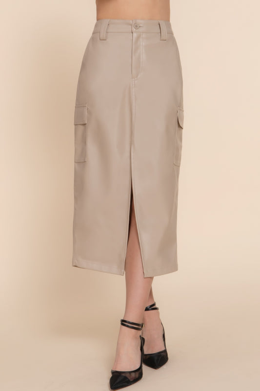 L Beige Faux Leather Midi Cargo Skirt