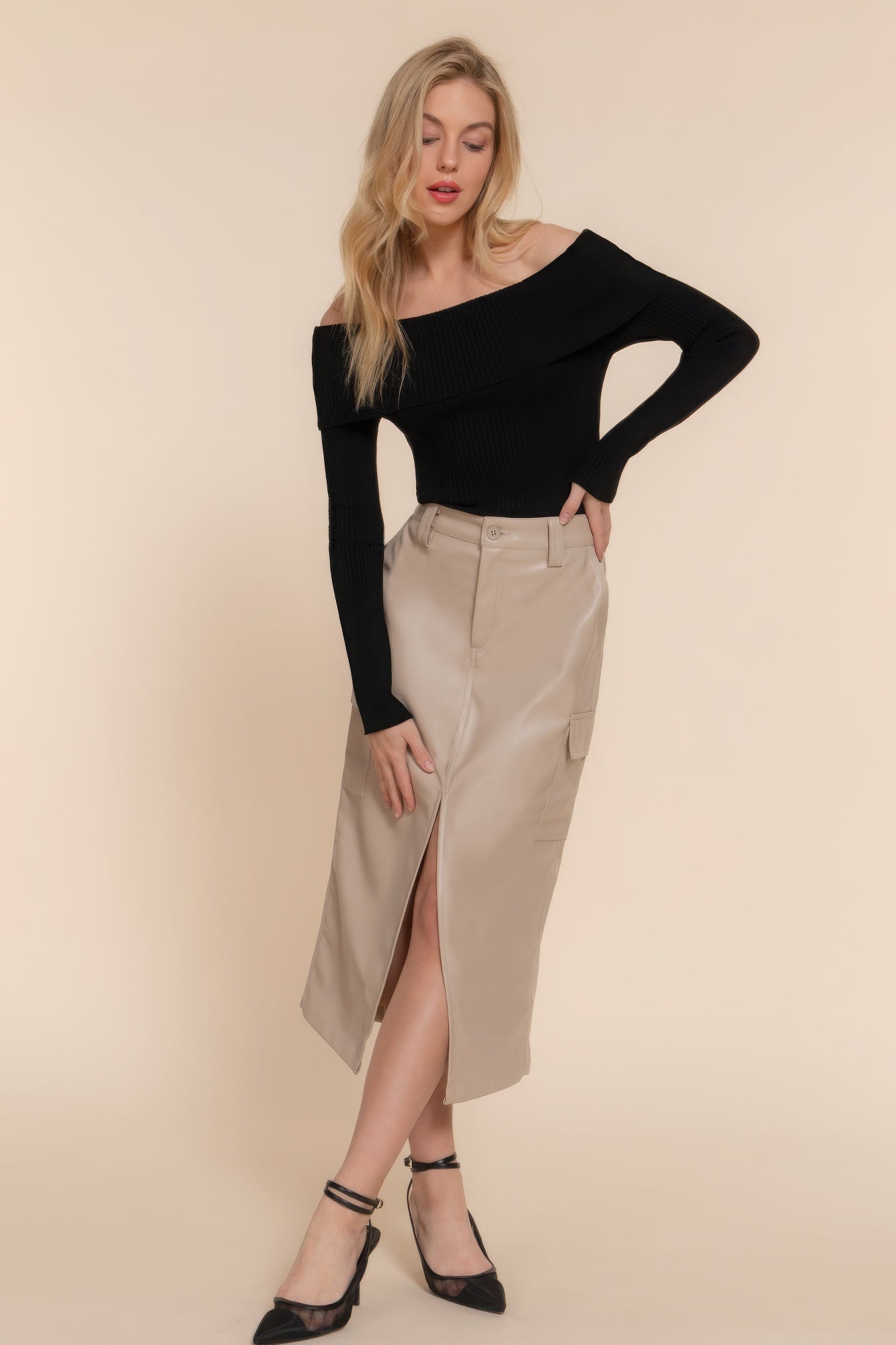 Beige Faux Leather Midi Cargo Skirt