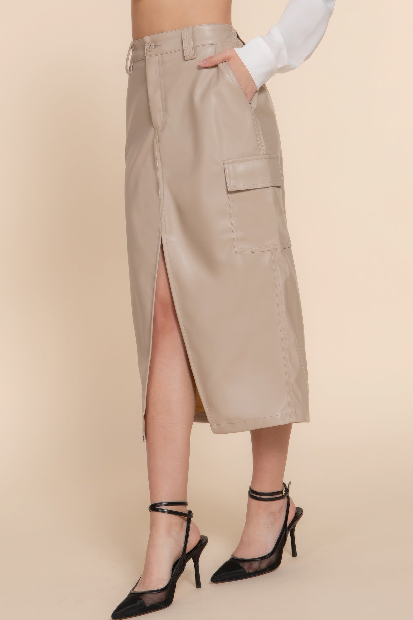 Beige Faux Leather Midi Cargo Skirt