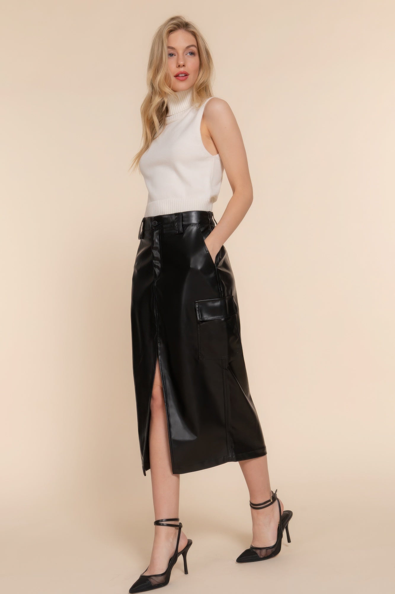 Black Faux Leather Midi Cargo Skirt