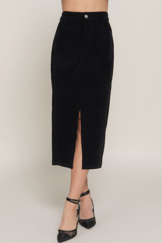 L Black Corduroy Open Slit Midi Skirt