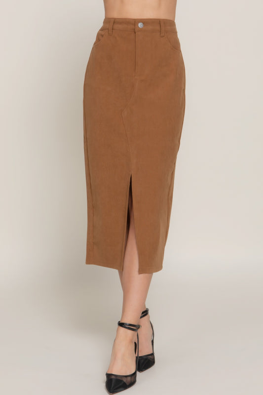 L Brown Corduroy Open Slit Midi Skirt