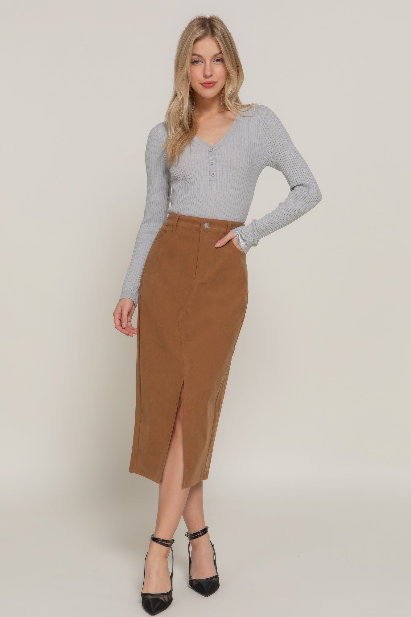 Brown Corduroy Open Slit Midi Skirt