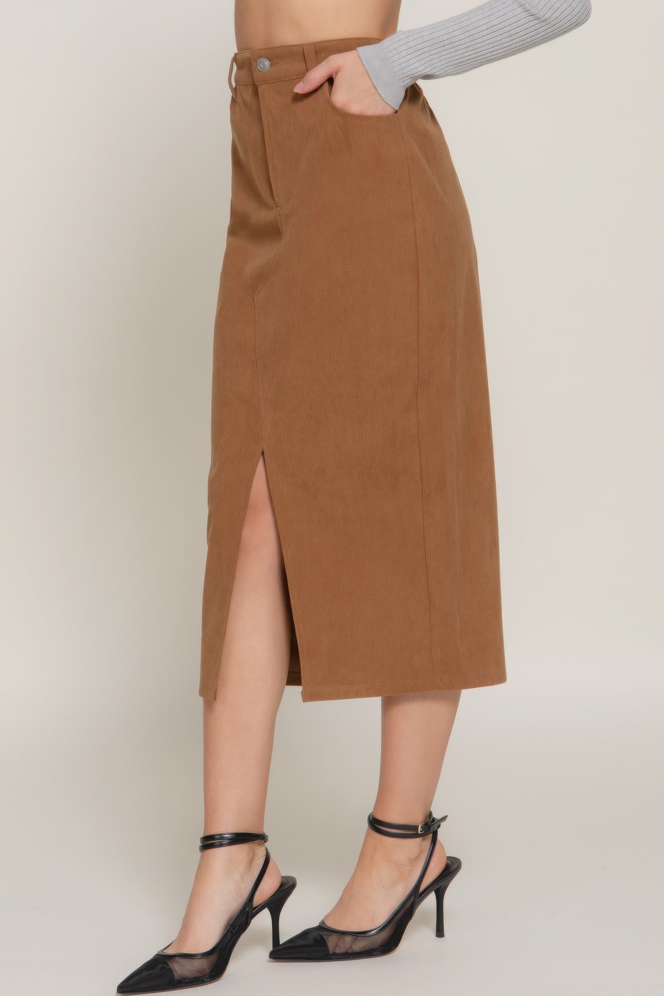 Brown Corduroy Open Slit Midi Skirt