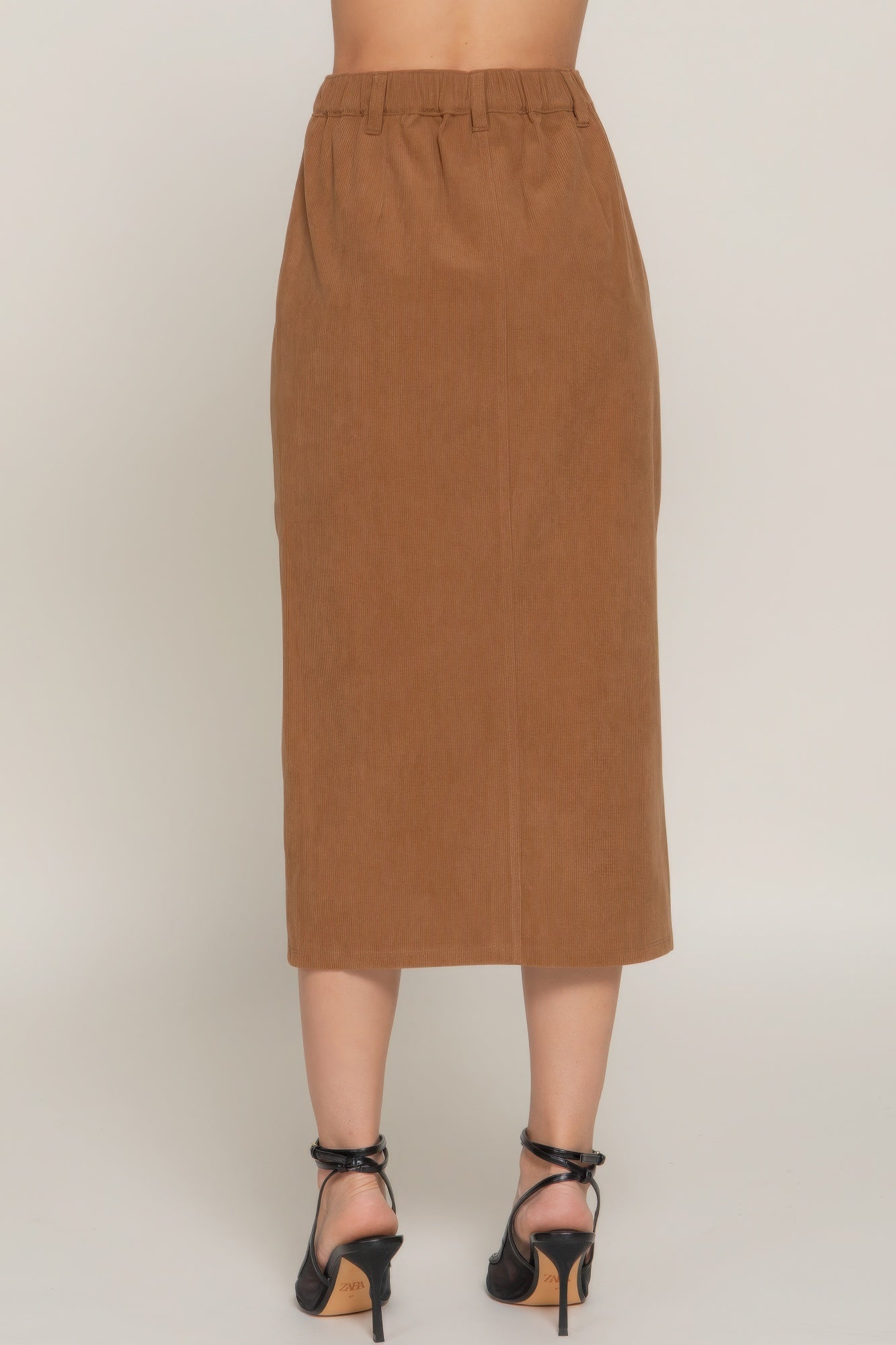 Brown Corduroy Open Slit Midi Skirt