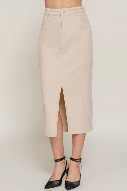 L Cream Corduroy Open Slit Midi Skirt