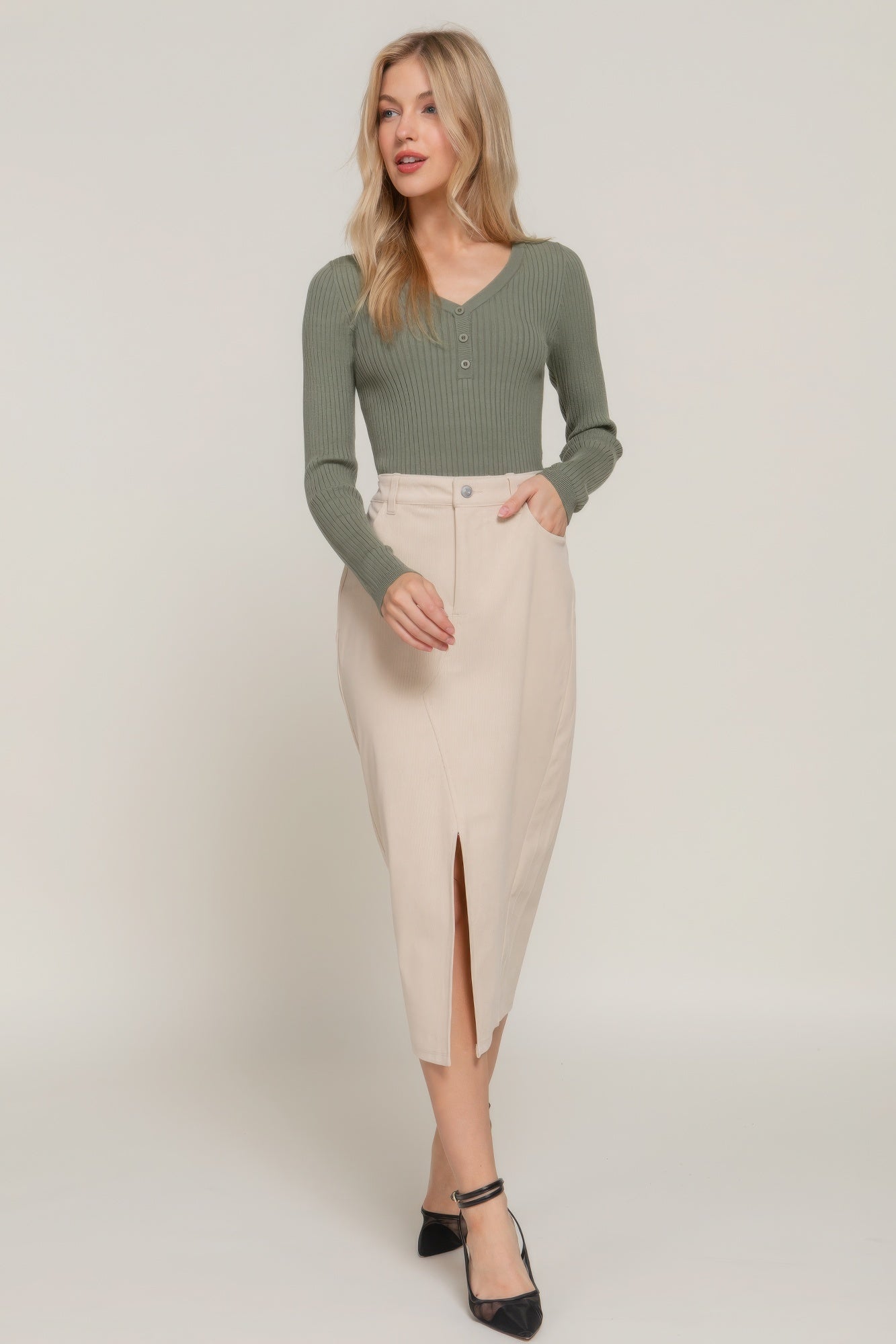 Cream Corduroy Open Slit Midi Skirt