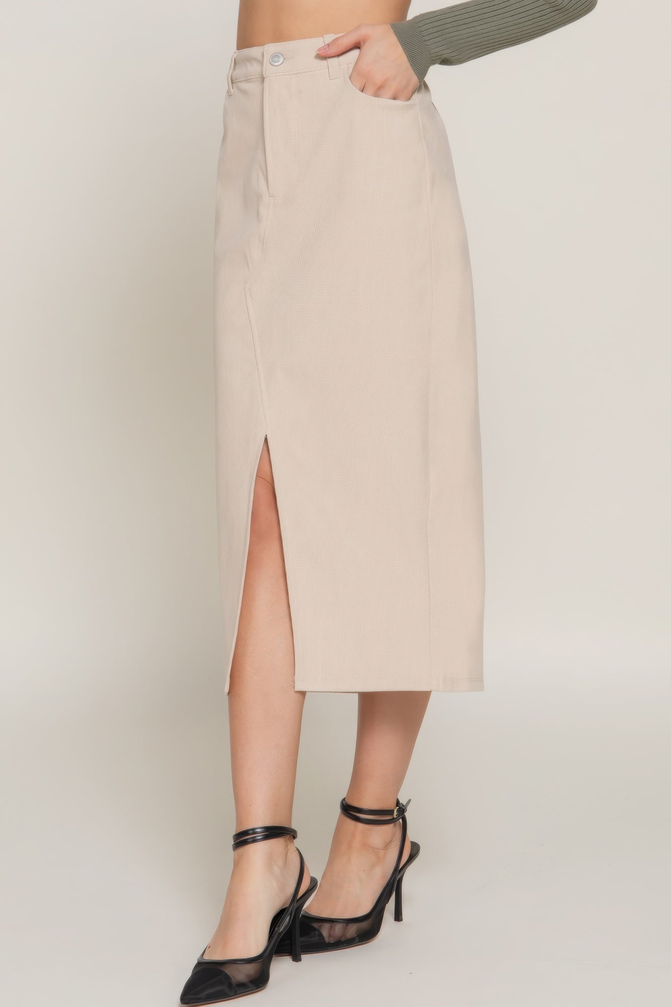 Cream Corduroy Open Slit Midi Skirt