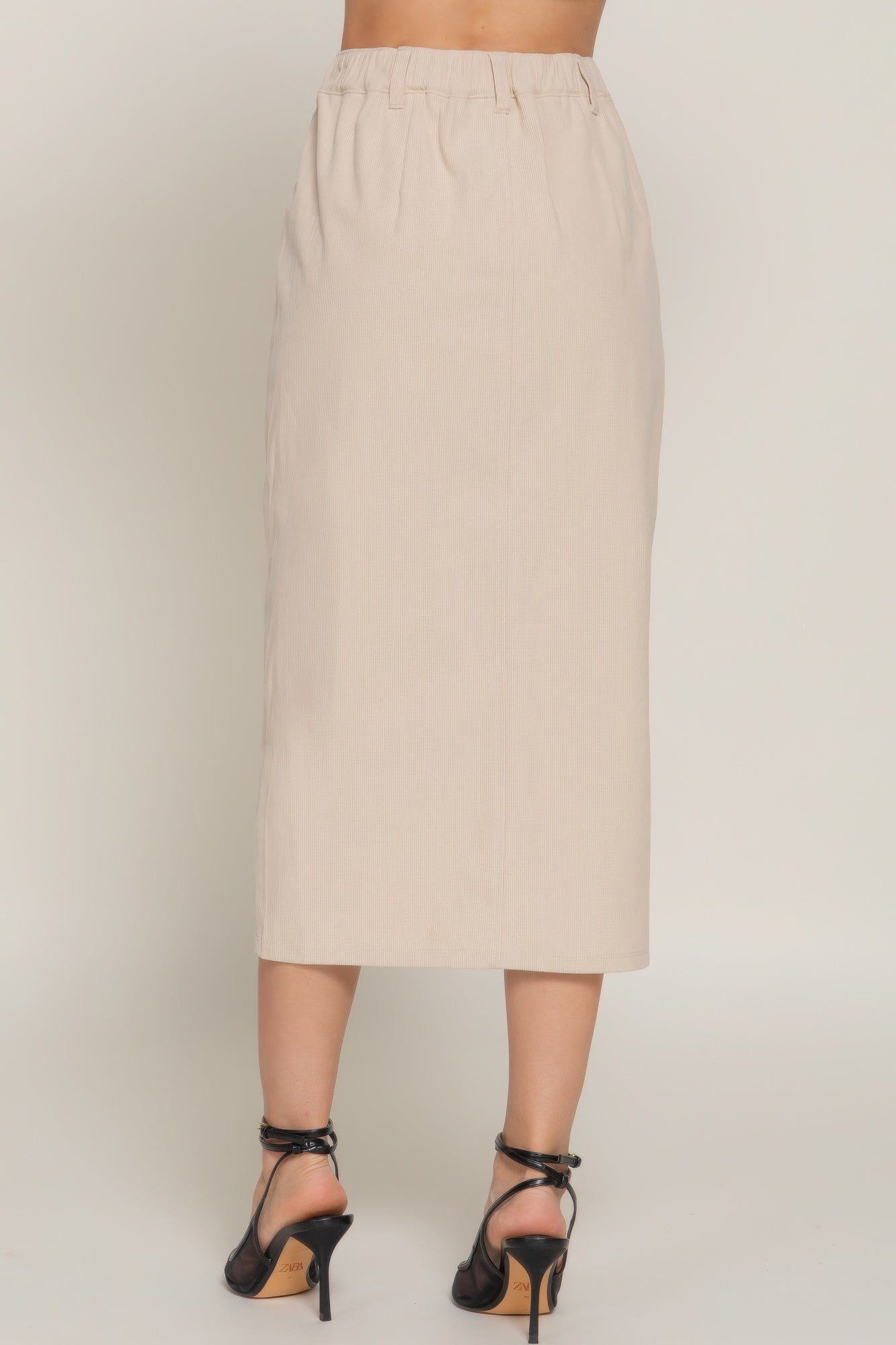 Cream Corduroy Open Slit Midi Skirt