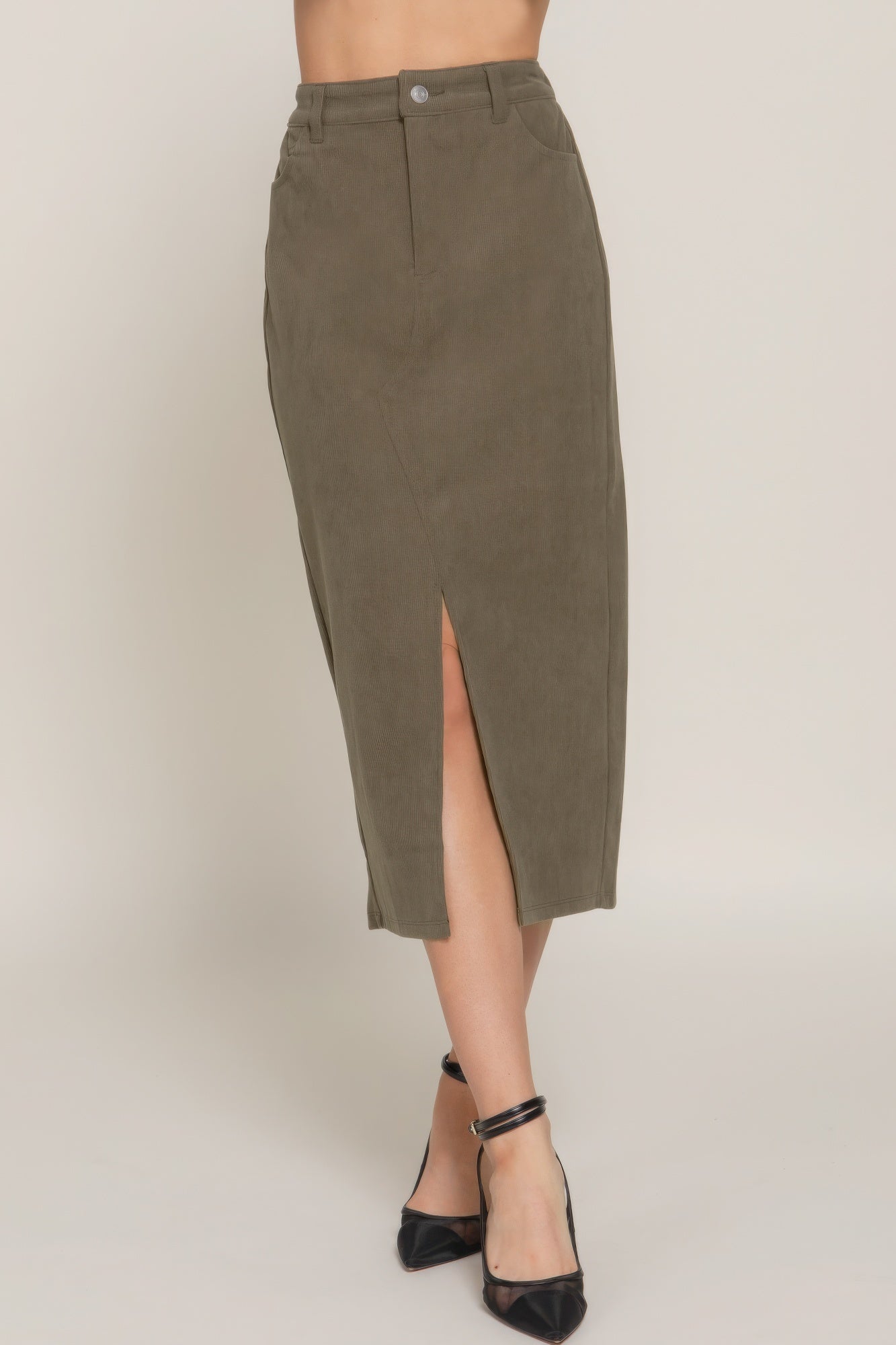 L Dark Brown Corduroy Open Slit Midi Skirt