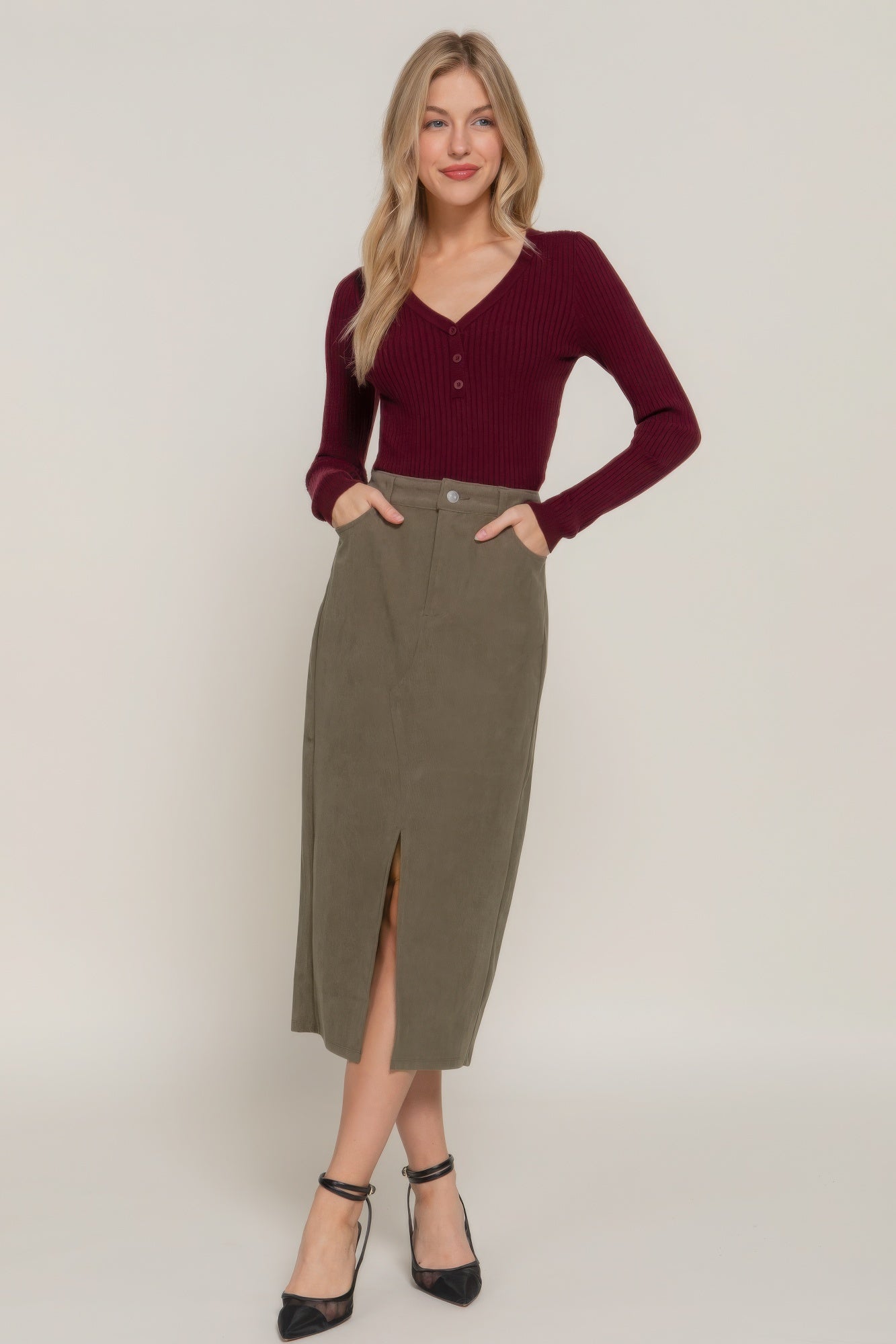 Dark Brown Corduroy Open Slit Midi Skirt