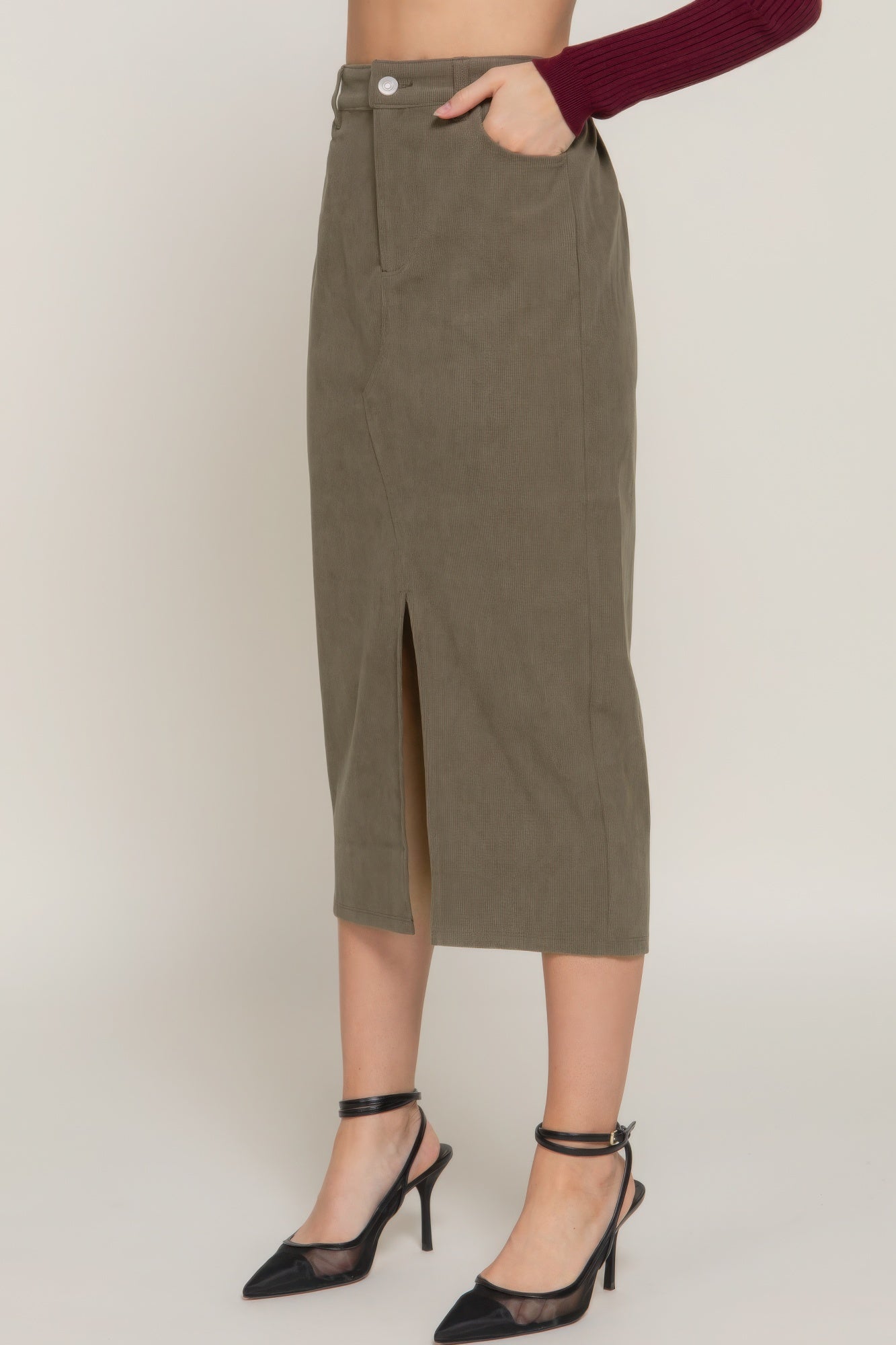 Dark Brown Corduroy Open Slit Midi Skirt