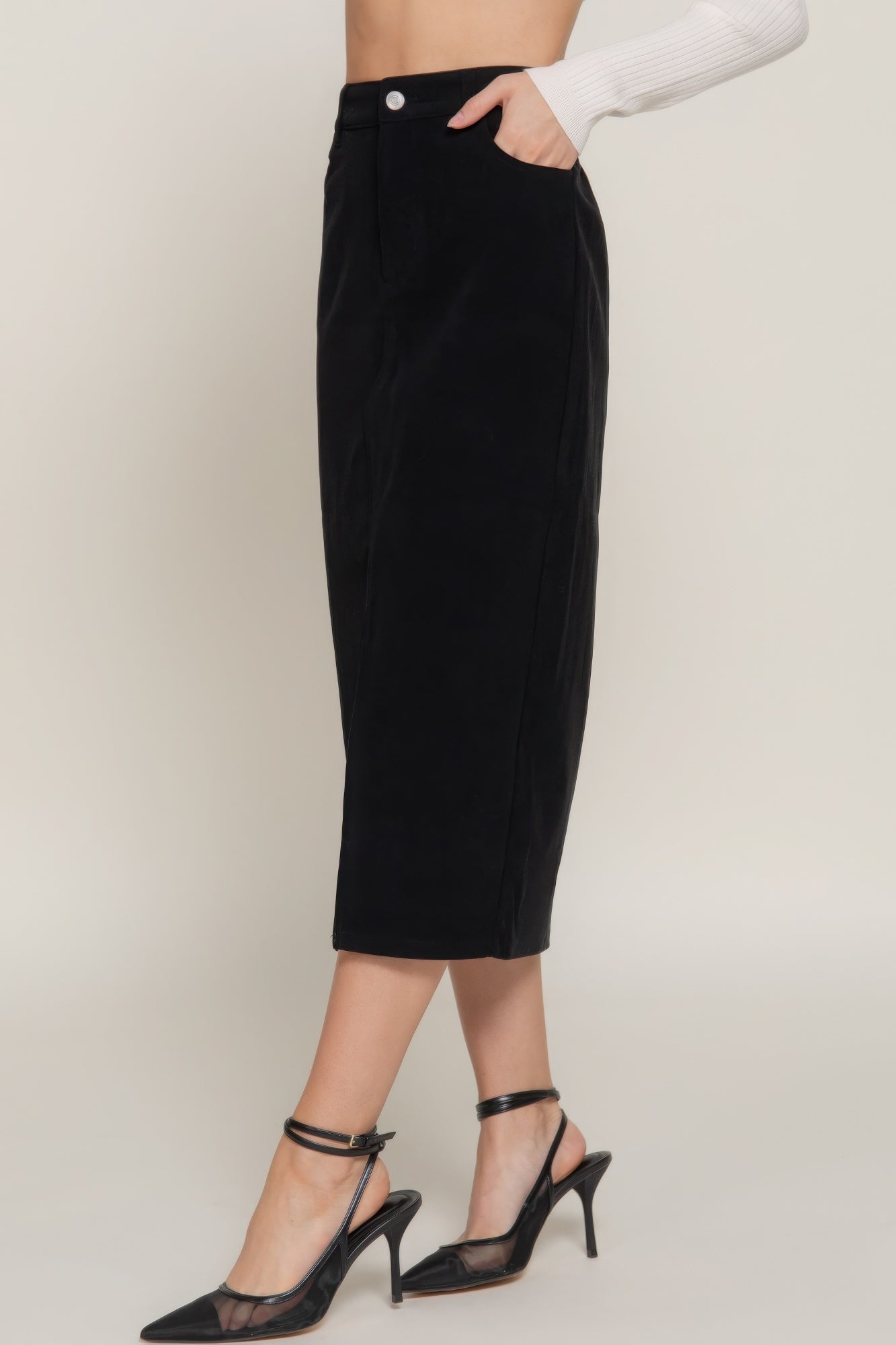 Black Corduroy Open Slit Midi Skirt