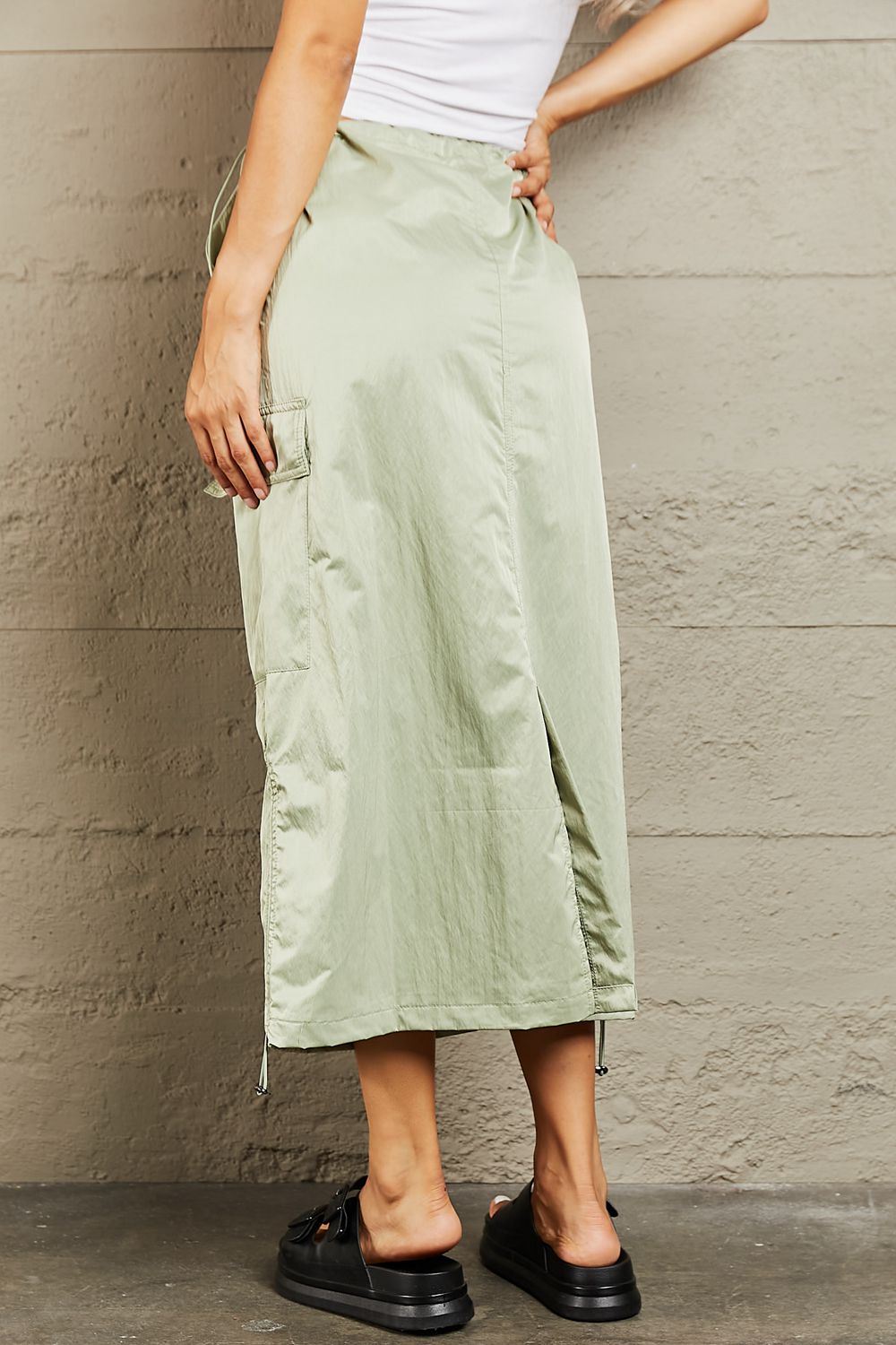 Green High Waisted Cargo Midi Skirt