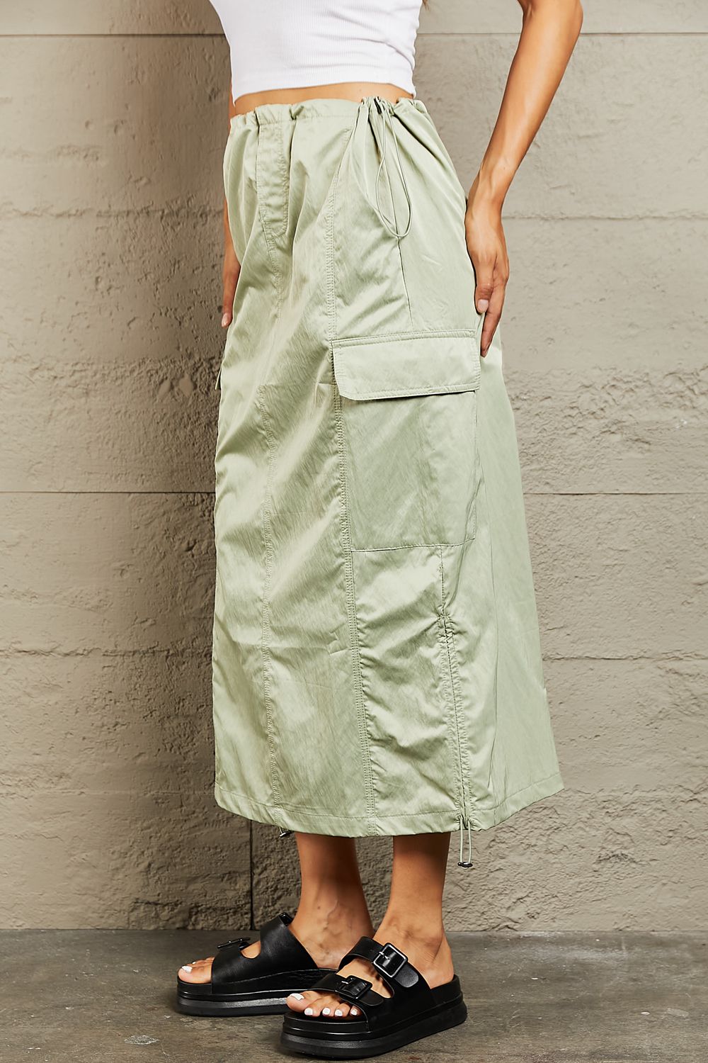 Green High Waisted Cargo Midi Skirt