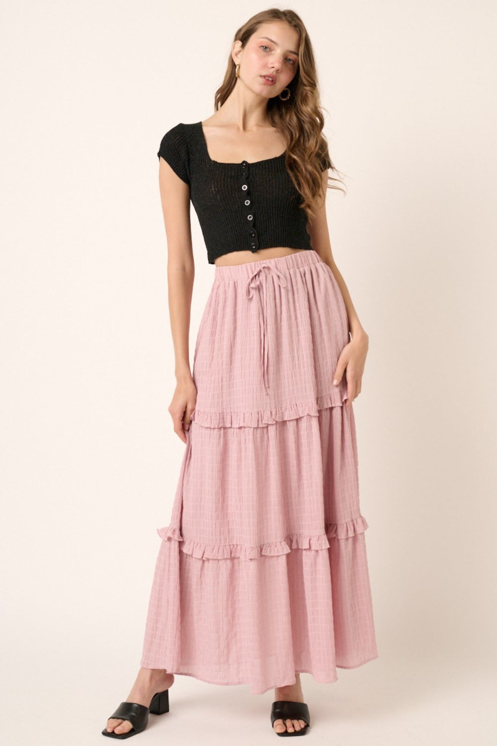 L Pink Drawstring High Waist maxi Skirt