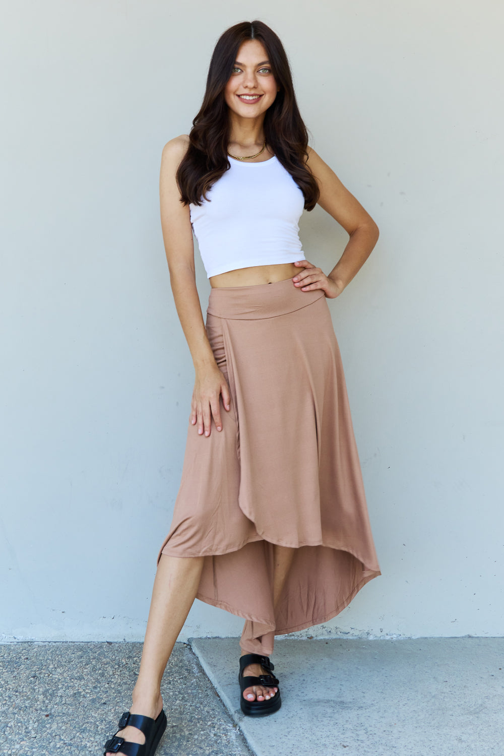 Beige High Waisted Flare Long Skirt